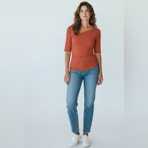 Nine West Mauve Knit Ruched Asymmetrical Neck Short Sleeve Women’s Top Size S